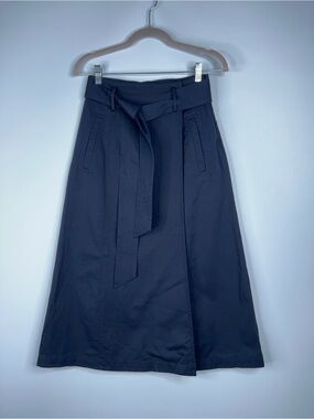Uniqlo C Collection Belted Flare Skirt Navy Tie Waist Cotton Blend Size Small